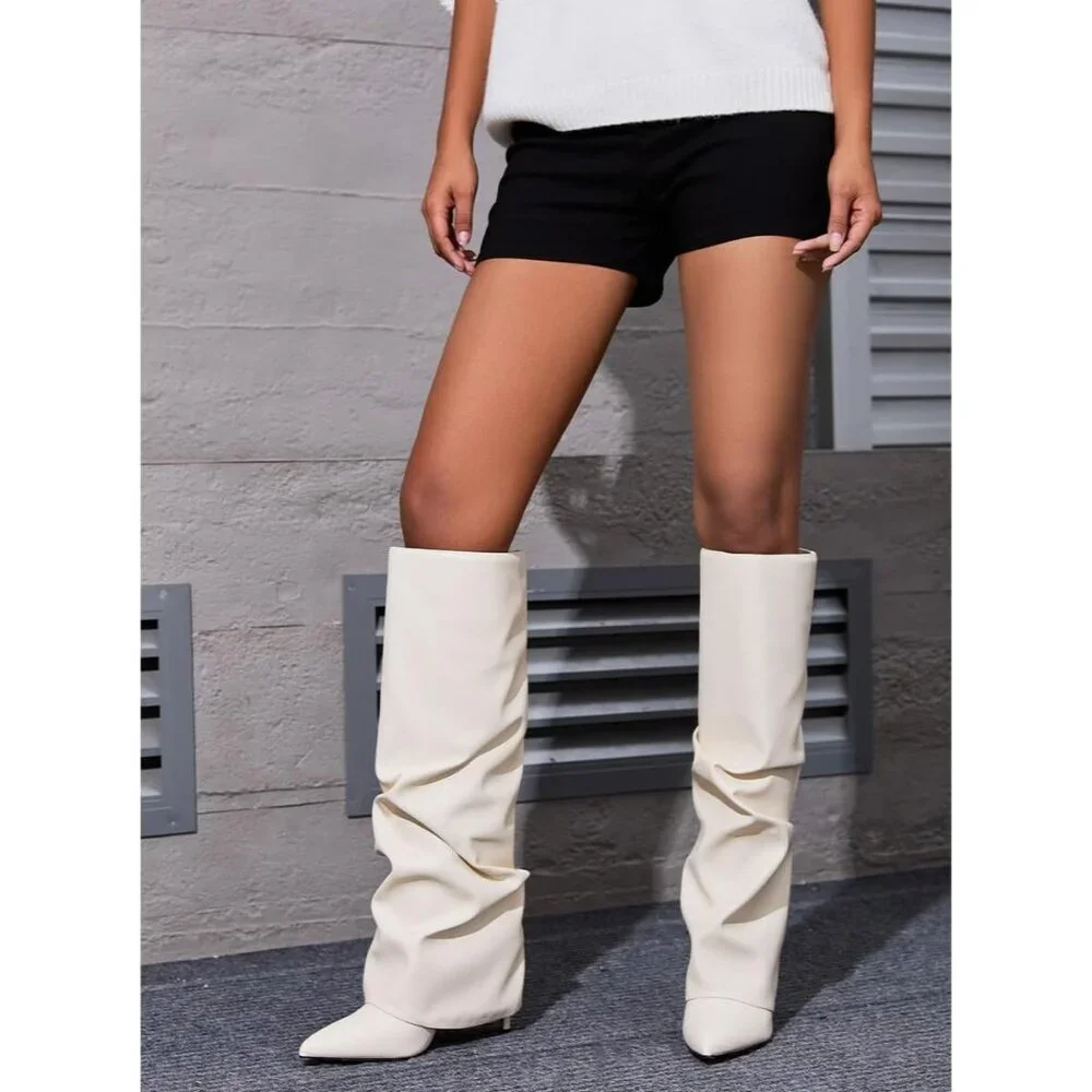 Women's White Knee High Fold Over Wide Calf Pointed Toe Long Heel Boot